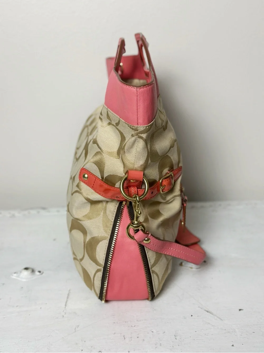 Coach Light Khaki/Coral Bonnie Signature Logo Print Fold Over Crossbody Bag 1339